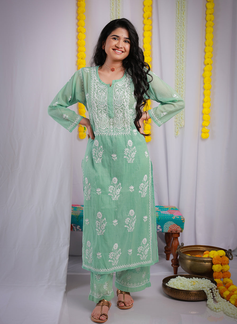 Eraya Sage Green - Mul Chanderi Nargis Chikankari Set