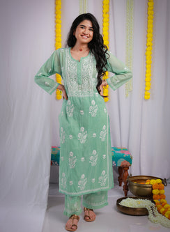 Eraya Sage Green - Mul Chanderi Nargis Chikankari Set
