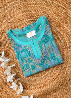 Turquoise Multicolored Thread - Gulzar Georgette Chikankari Short Top