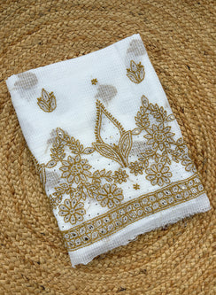 White & Mustard - Dhoop Kinaray Kota Chikankari Kurta Fabric With Mukaish Work