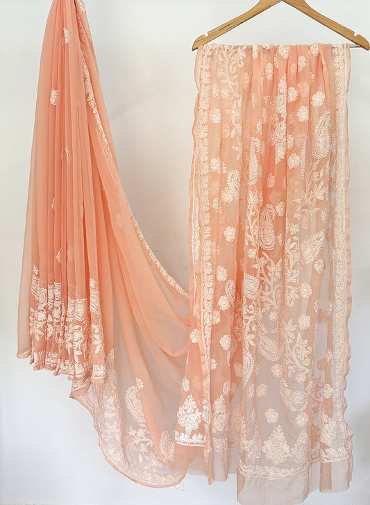 Peach - Aks Georgette Chikankari  Chikankari  Saree