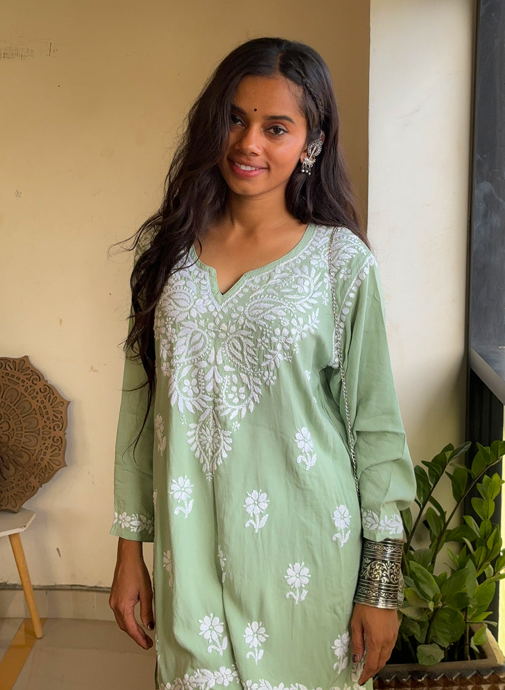 Sabaa Green - Rayon Gulshan Chikankari Short Top