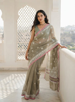 Cappuccino Kota Chanderi - Aks Hand Embroidered Chikankari Saree