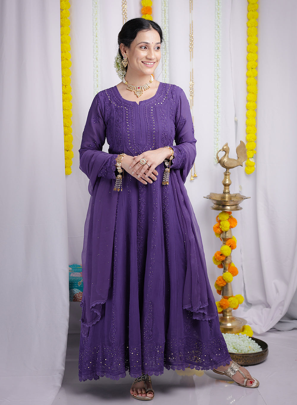 Ibadat Lavender - Viscose Anarkali & Dupatta Nargis Chikankari Set