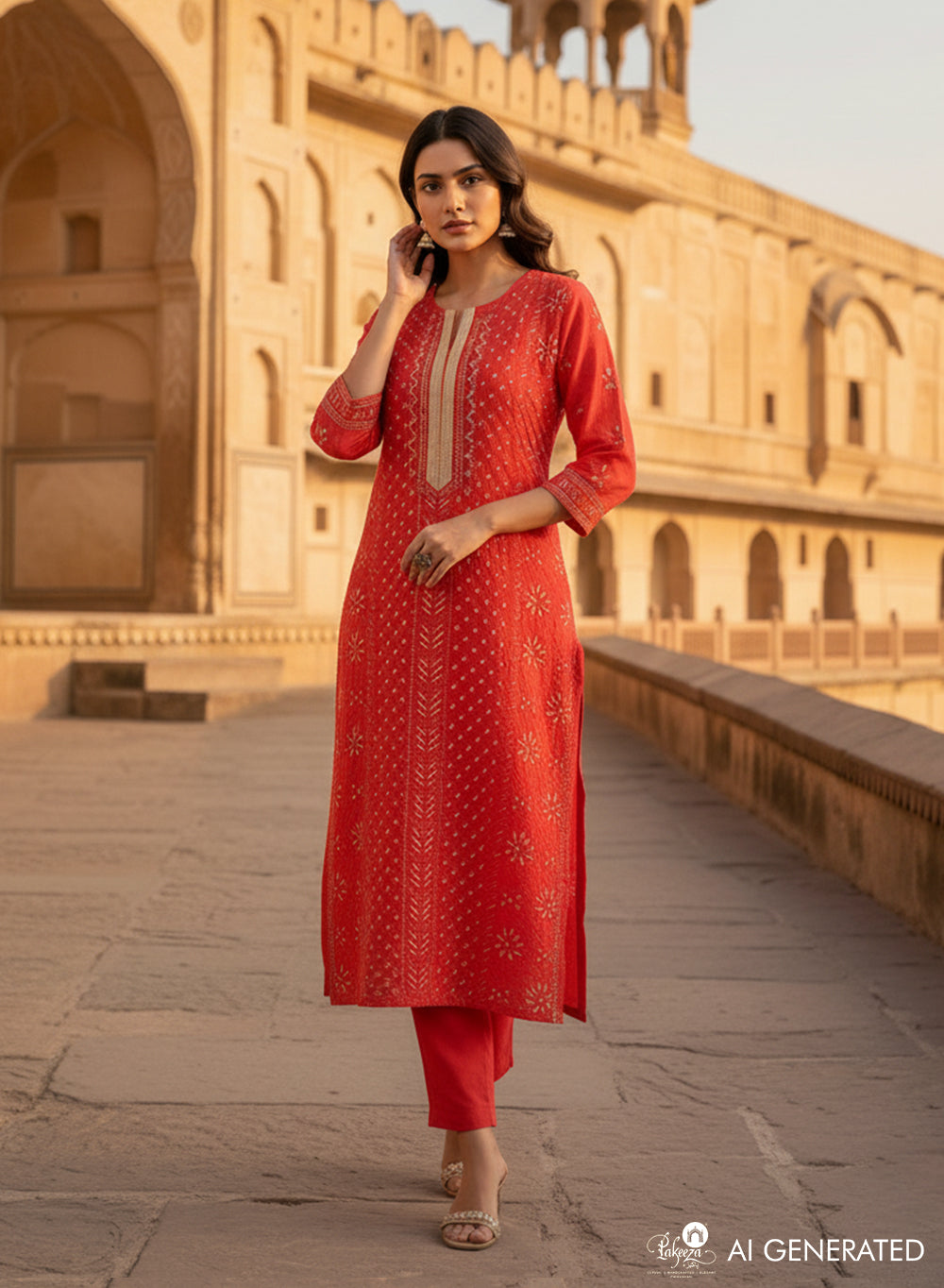 Red Gota Patti - Firdaus Chanderi Chikankari  Kurta