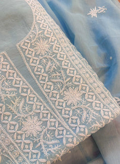 Powder Blue - Nayaab Pure Mul Chanderi Chikankari Dress Material With Moti & Katdana Work