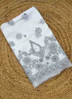 White & Grey - Dhoop Kinaray Kota Chikankari Kurta Fabric With Mukaish Work