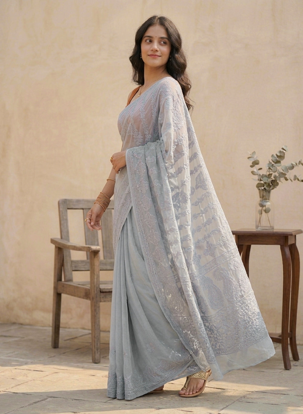 Gray Self Thread - Aks Georgette Chikankari Saree