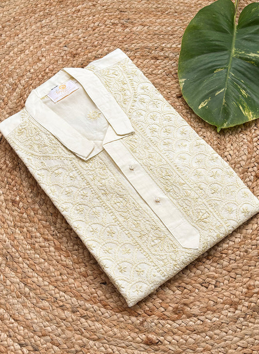 Beige Front Jaal - Nawab Cotton Men Chikankari Long Kurta