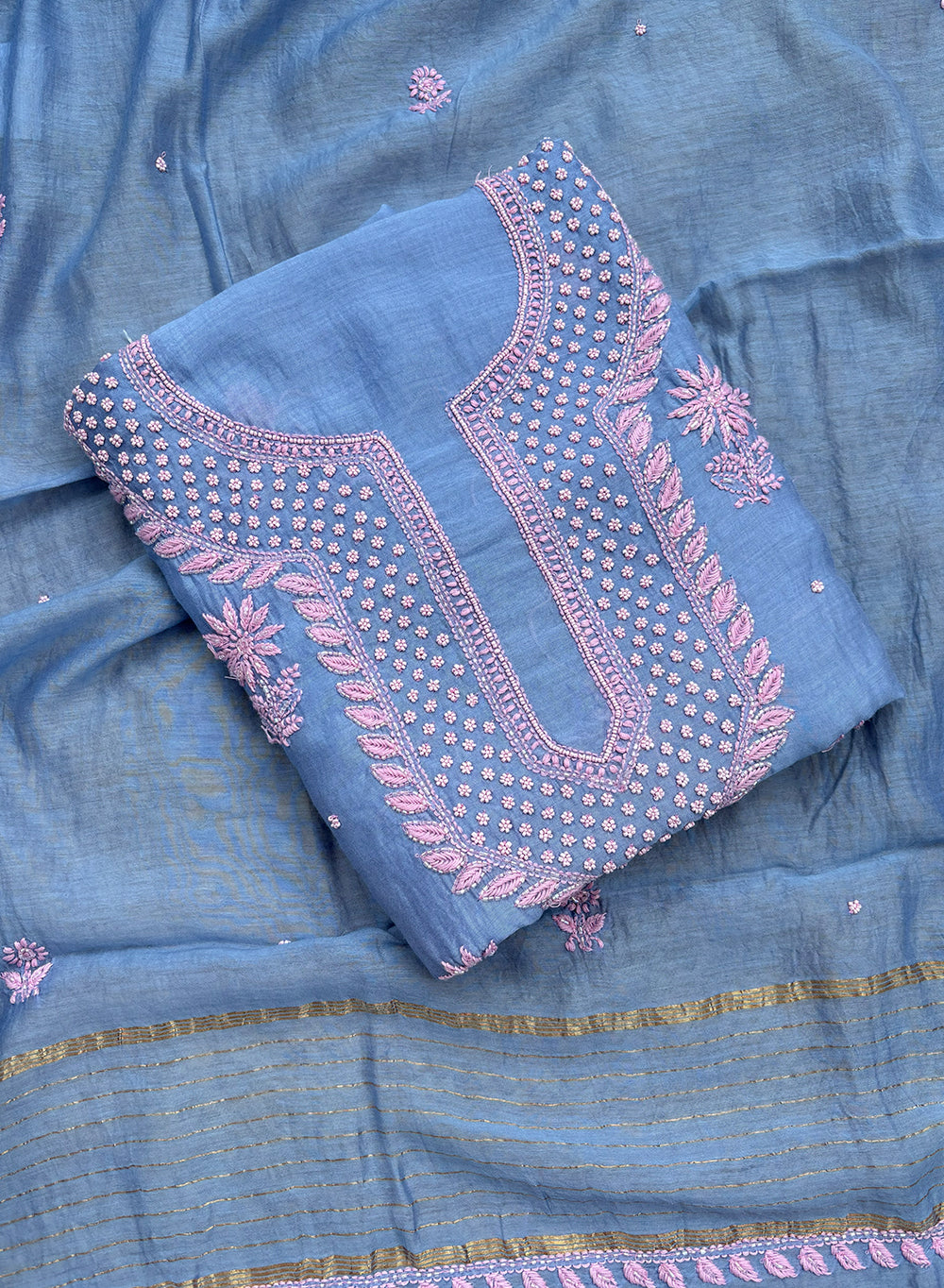 Blue & Pink - Moti Nayaab Mul Chanderi Kurta & Dupatta Set