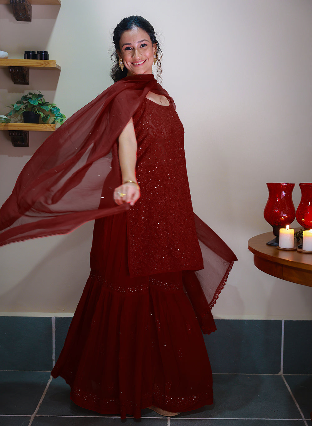 Kanak Maroon - Nargis Viscose Noodle Strap Chikankari Kurta & Gharara Set