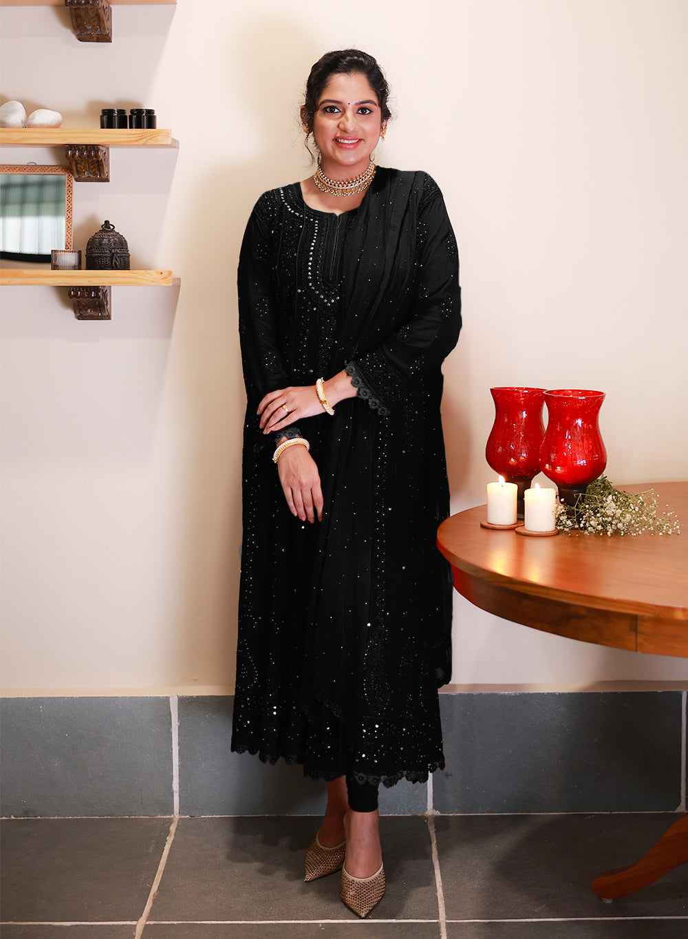 Ibadat Black - Viscose Anarkali & Dupatta Nargis Chikankari Set