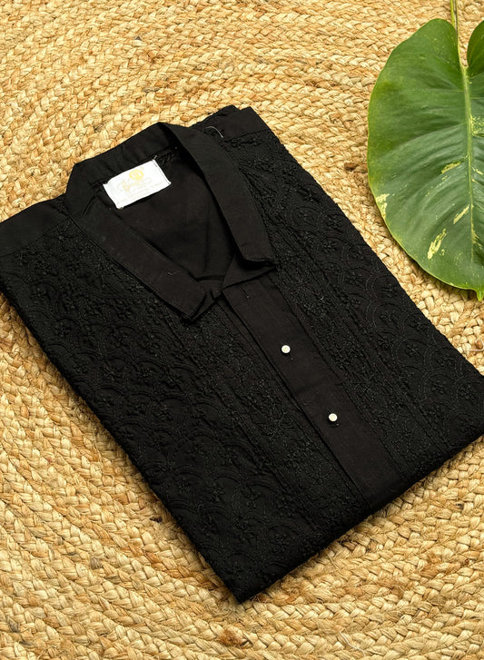 Black Front Jaal - Nawab Cotton Men Chikankari Long Kurta