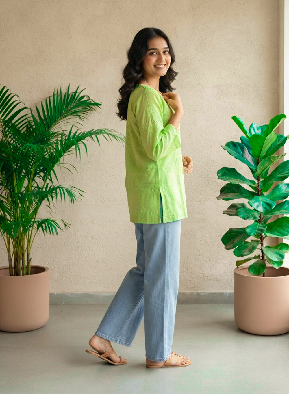 Parrot Green - Gulshan Linen Cotton Double Layered Chikankari Short Top