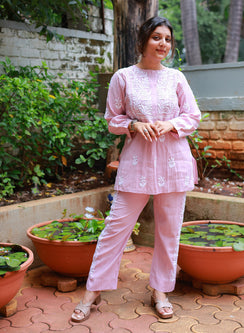 Meher Rose Pink - Cotton Chanderi Nargis Chikankari Co-ord Set