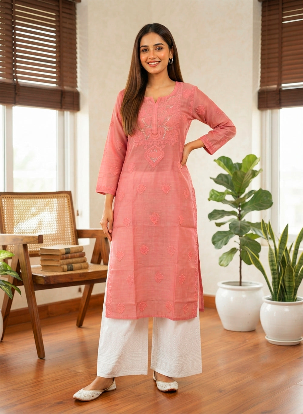 Swara Coral - Anjuman Chanderi Cotton Chikankari Kurta