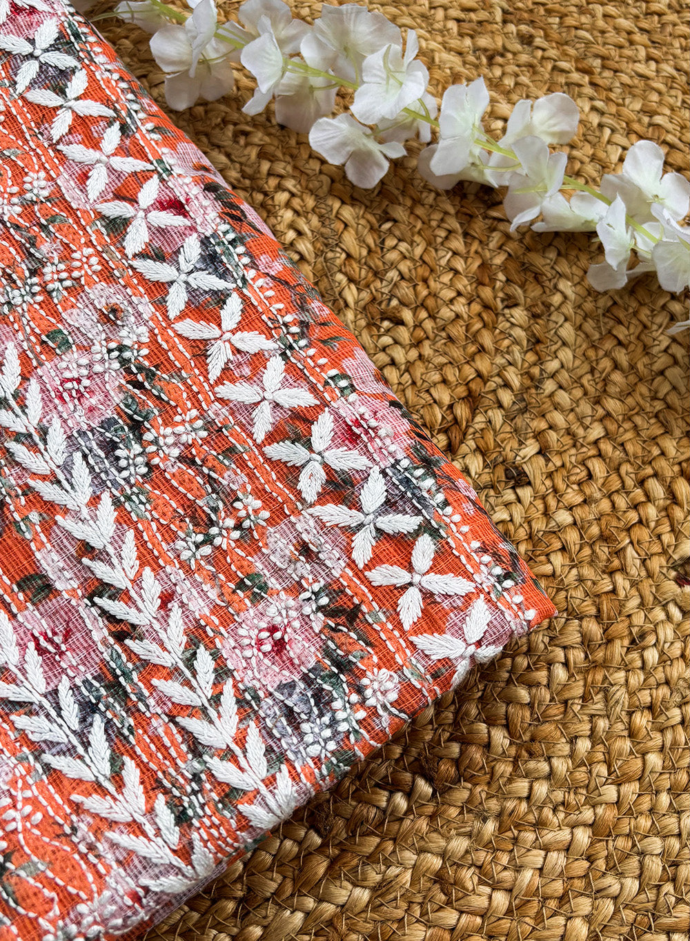 Orange - Nayaab Kota Printed Chikankari Kurta & Dupatta Set