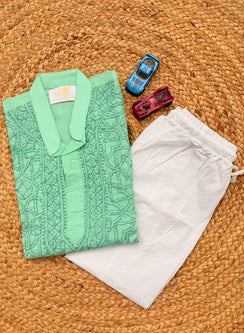 Turquoise Front Jaal - Cotton Chikankari Kurta With Self Thread Work & Pajama