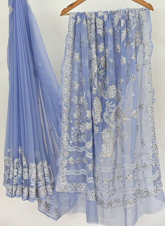 Light Steel Blue Gota Patti - Aks Georgette Chikankari Saree