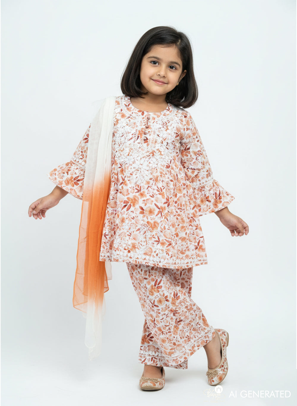 Gulnaar Orange Printed - Cotton Chikankari Kidswear Set