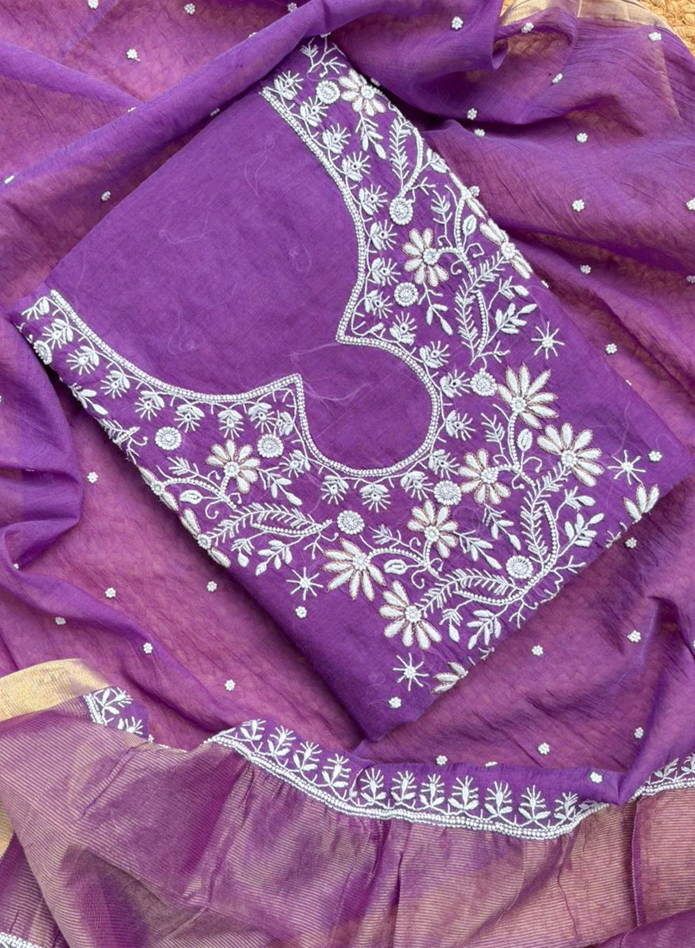 Purple - Nayaab Mul Chanderi Chikankari Dress Material With Moti & Katdana Work