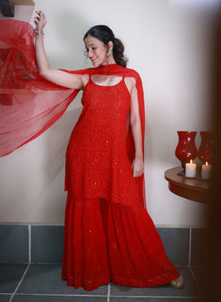 Kanak Red - Nargis Viscose Noodle Strap Chikankari Kurta & Gharara Set