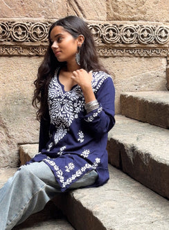 Sabaa Navy Blue - Rayon Gulshan Chikankari Short Top