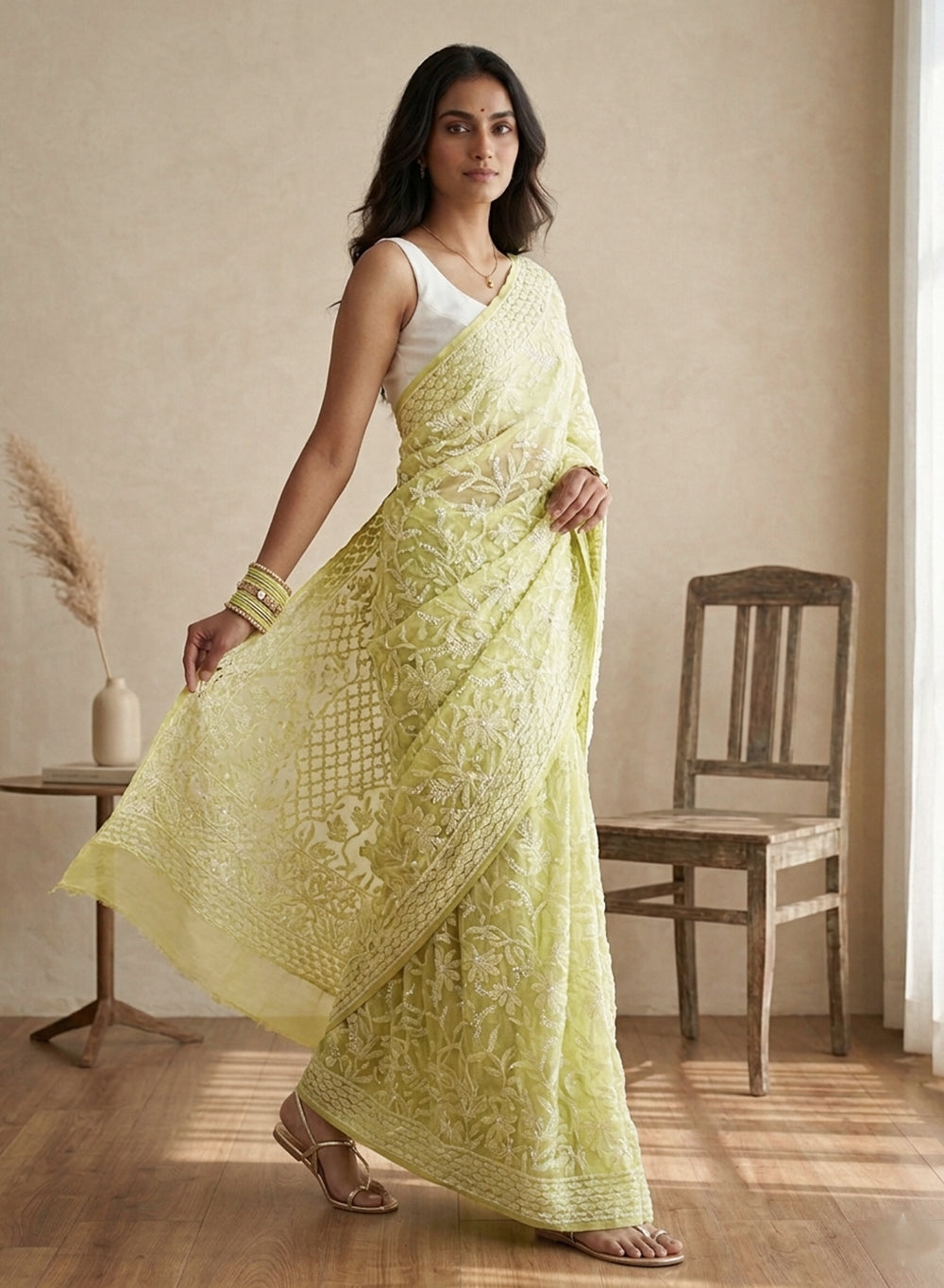 Pista Green Full Jaal - Aks Georgette Chikankari Saree