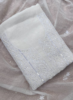 White - Dhoop Kinaray Mul Chanderi Chikankari Kurta Fabric With Moti & Sequin Work