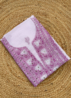 White & Purple - Dhoop Kinaray Kota Chikankari Kurta Fabric With Mukaish Work