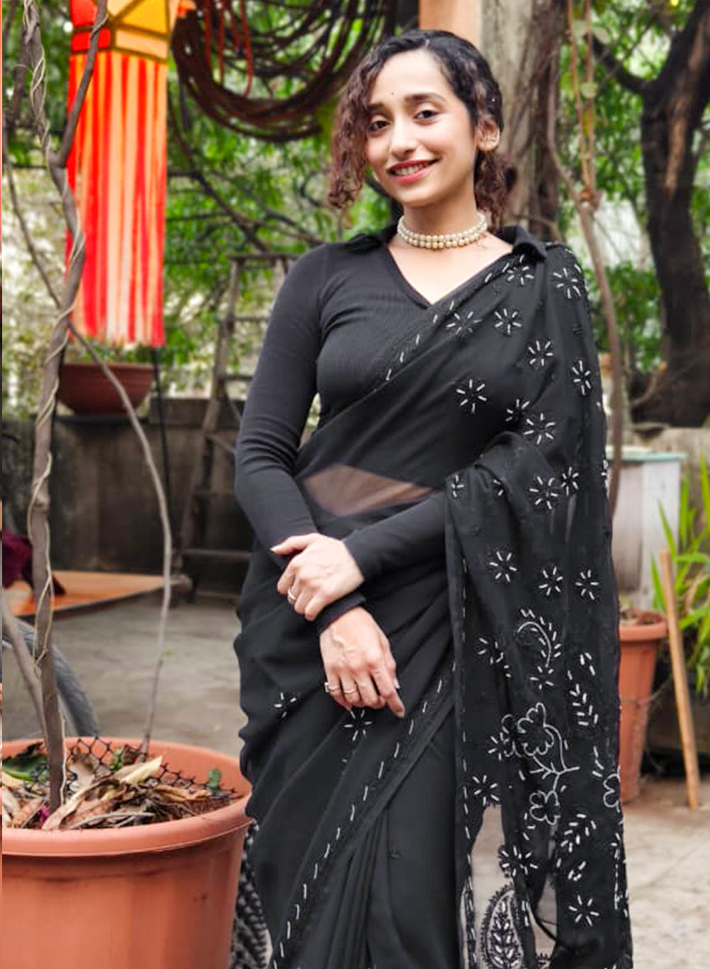 Black Katdana - Aks Georgette Chikankari Saree