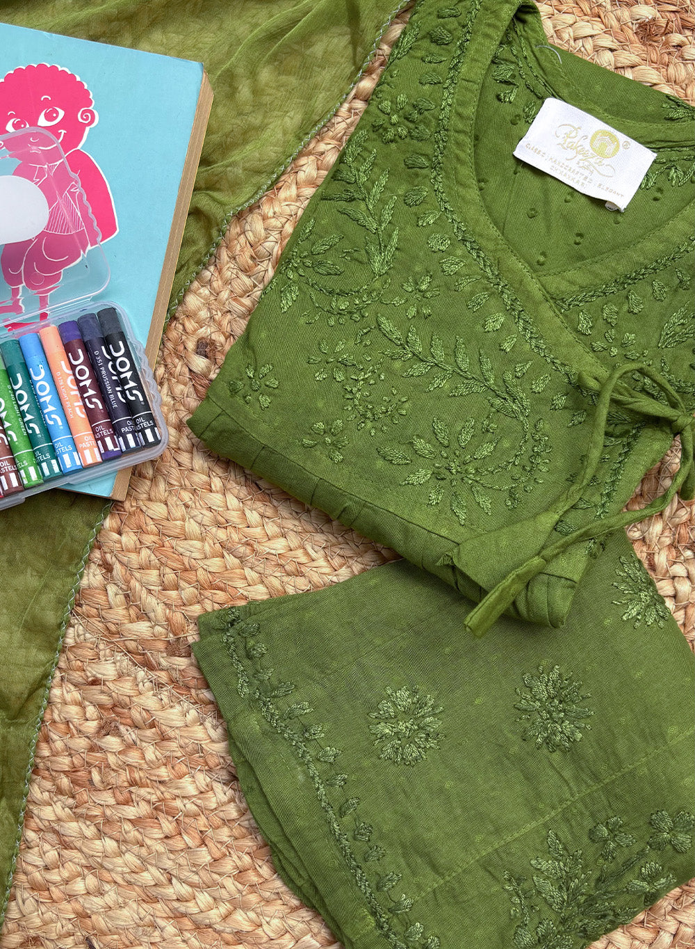 Kuhu Olive Green - Dobby Cotton Chikankari Kidswear Set