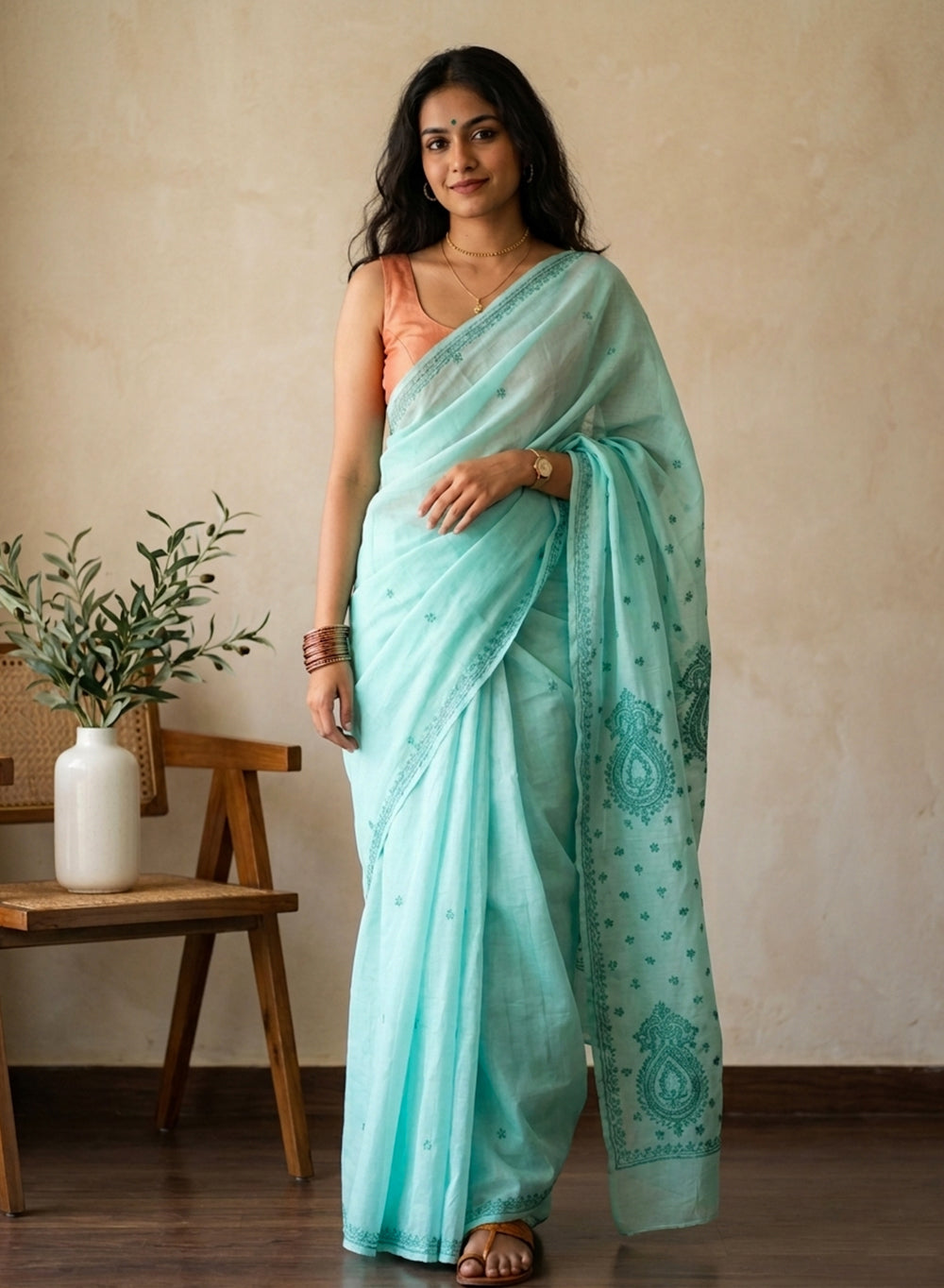 Sea Green - Aks Cotton Terry Voile Self Thread Embroidered Chikankari Saree