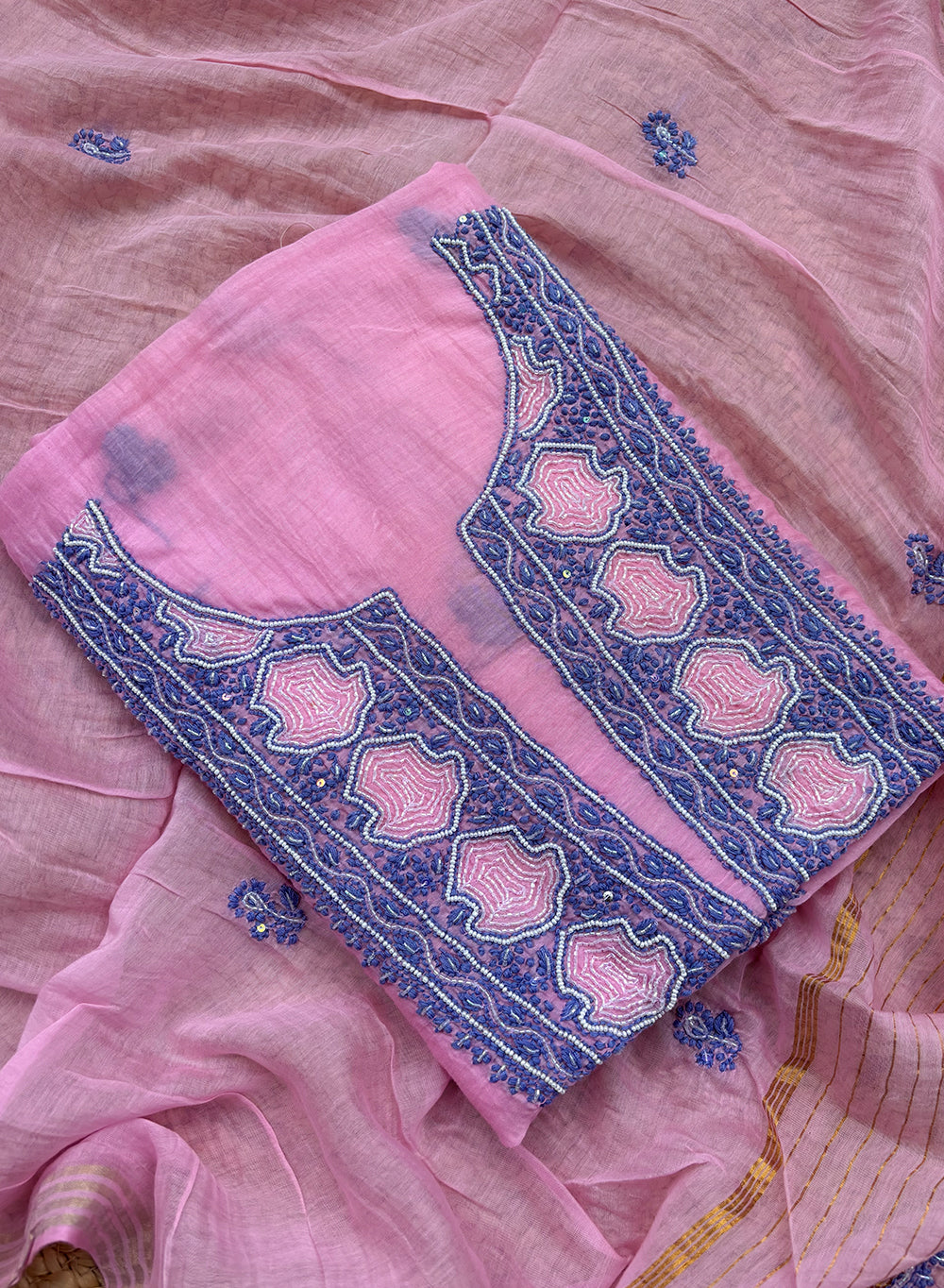 Pink & Blue - Moti Nayaab Mul Chanderi Kurta & Dupatta Set