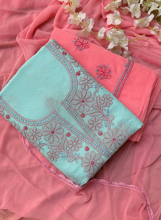 Blue & Pink - Nayaab Cotton Terry Voile Chikankari Full Dress Set