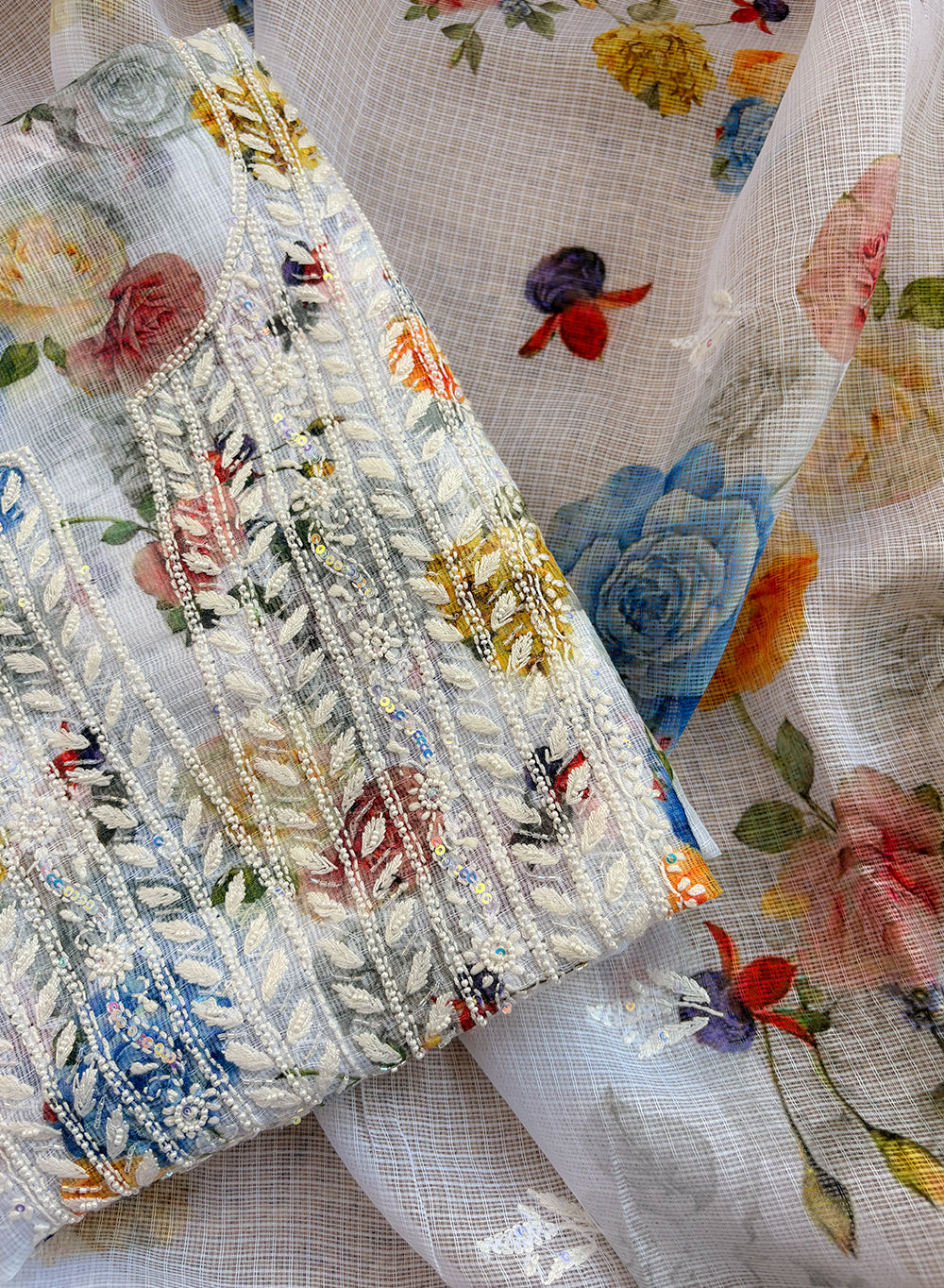 Multi-coloured Floral - Nayaab Katdana Kota Printed Chikankari Full Dress Set