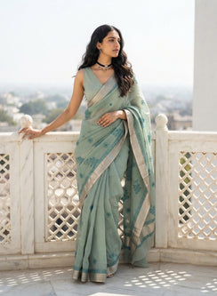 Teal Cotton Chanderi - Aks Hand Embroidered Chikankari Saree