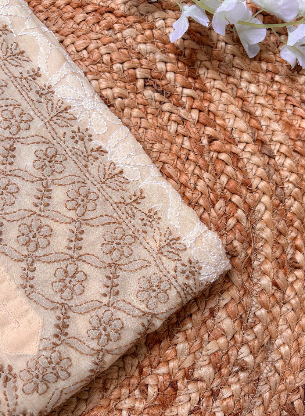 Beige - Cotton Terry Voile Bahaar Chikankari Kurta