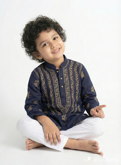 Navy Blue & Brown - Cotton Chikankari Kurta