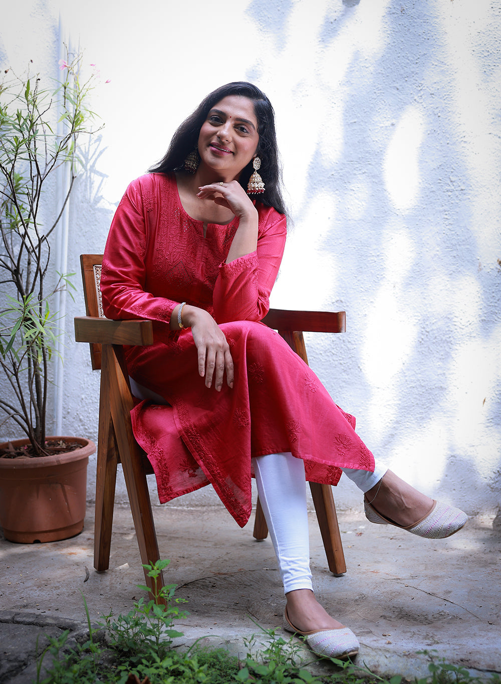 Swara Red - Anjuman Chanderi Cotton Chikankari Kurta