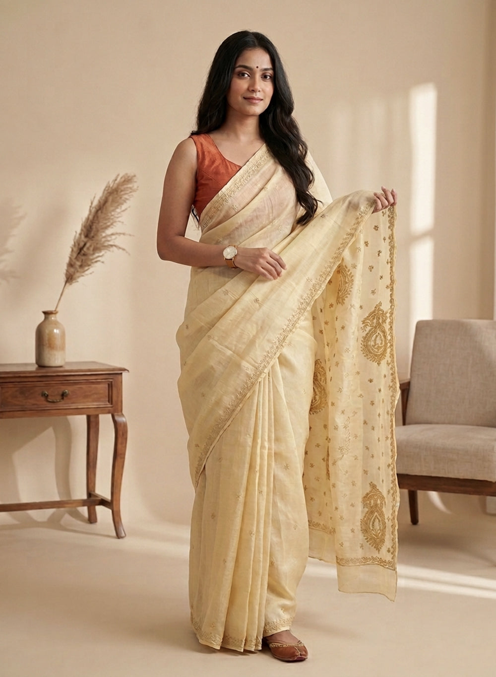 Beige - Aks Cotton Terry Voile Self Thread Embroidered Chikankari Saree