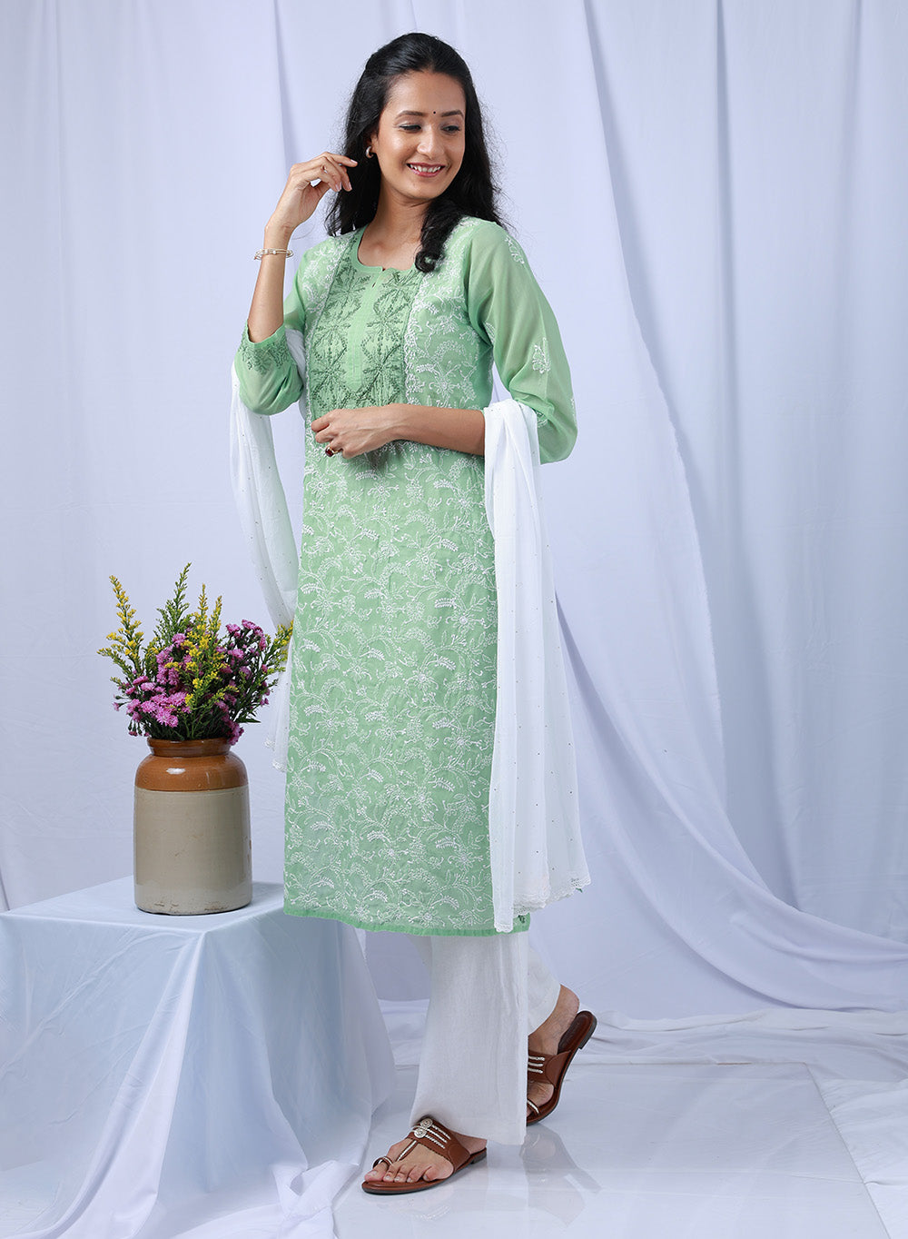 Mehak Olive Green - Cotton Terry Voile Bahaar Chikankari Kurta