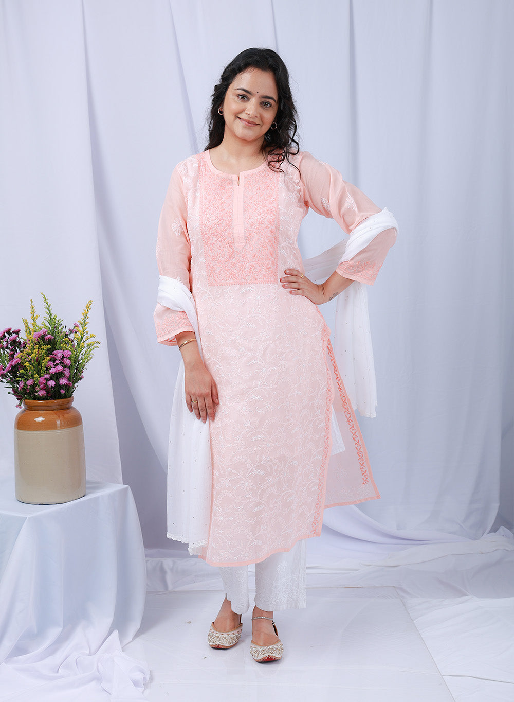 Mehak Peach - Cotton Terry Voile Bahaar Chikankari Kurta