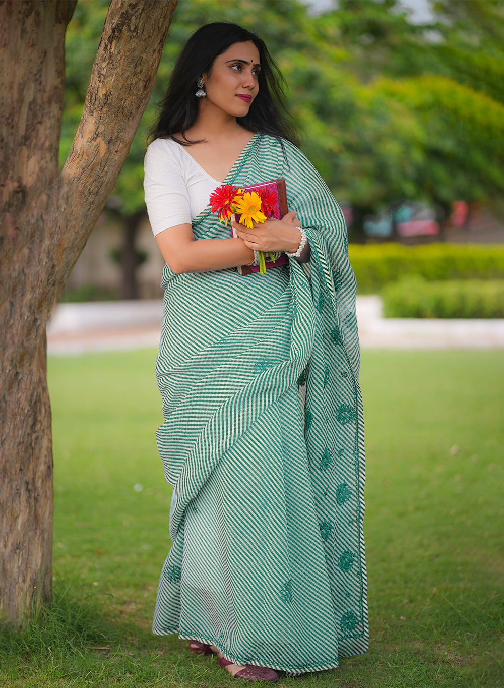 Dark Green Lehariya - Kota Aks Cotton Chikankari Saree