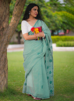 Dark Green Lehariya - Kota Aks Cotton Chikankari Saree