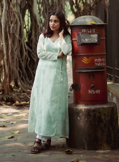 Sama Green - Hand-Embroidered Chikankari Kota Doria Angarakha