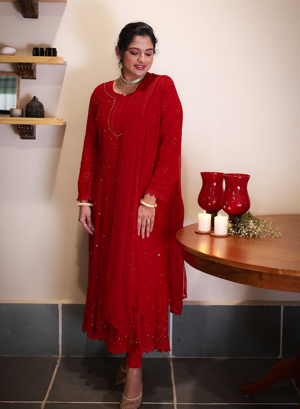 Ibadat Maroon - Viscose Anarkali & Dupatta Nargis Chikankari Set