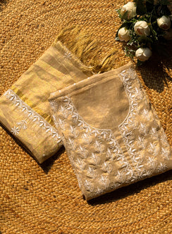Golden - Nayaab Tissue Chanderi Semi-Stitched Panel Design Chikankari Kurta & Dupatta Fabric With Katdana Work