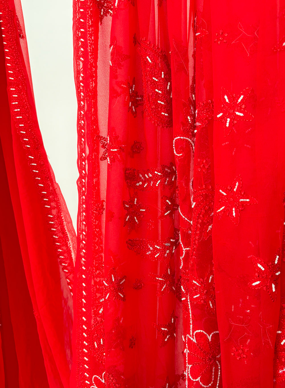 Red Katdana - Aks Georgette Chikankari Saree
