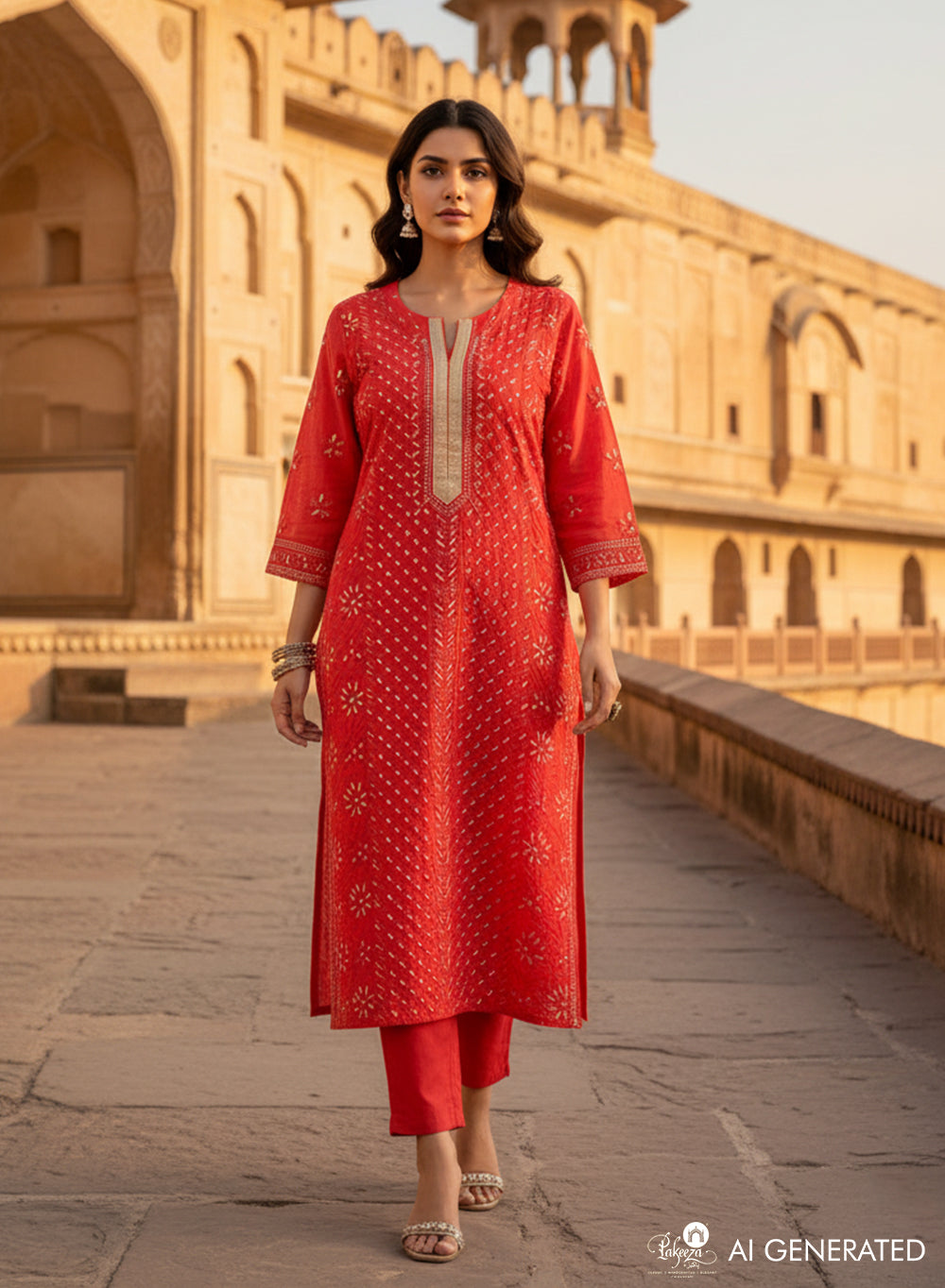 Red Gota Patti - Firdaus Chanderi Chikankari  Kurta